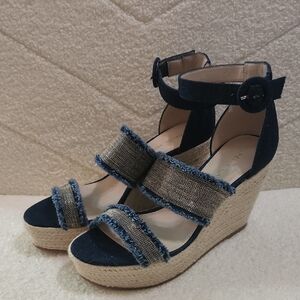 Pelle Moda Navy and Tan Wedge Sandals